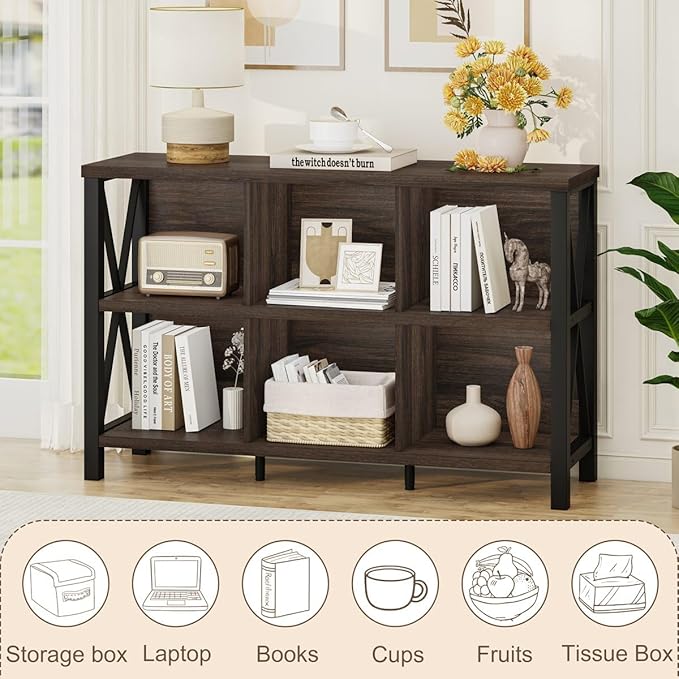 FATORRI 6 Cube Storage Organizer with Shelf, Short Horizontal Bookshelf for Living Room, Wood and Metal Cubby Bookcase, 47 Inch Industrial Low Book Shelf and Book Case (Dark Walnut)
