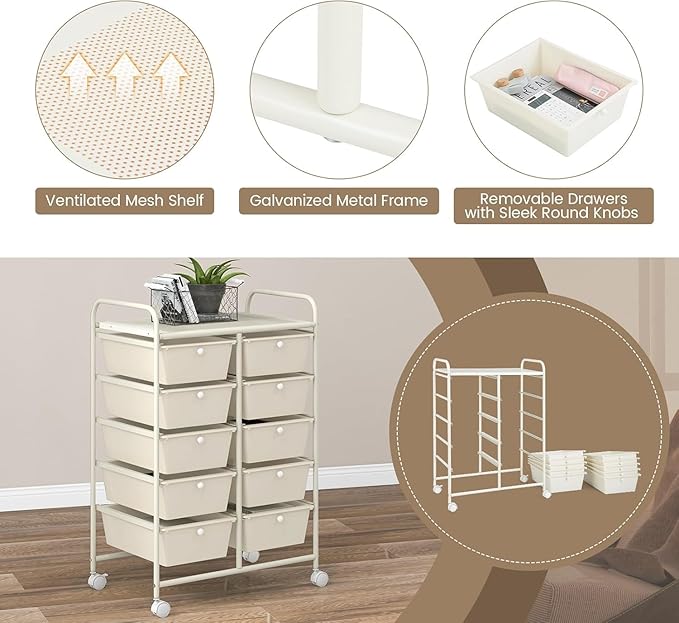 LDAILY 10 Drawer Rolling Cart, Storage Cart Organizer on Wheels, Drawer Cart with Metal Frame & Large Storage Capacity, Rolling Cart with Drawers for Living Room Classroom, Office