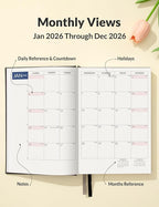 SUNEE 2026 Daily Planner A5 Hardcover – Hourly Schedule Organizer with Monthly Tabs & Task Tracker – Black Cover Time Management Notebook for Work, School, Personal Goals