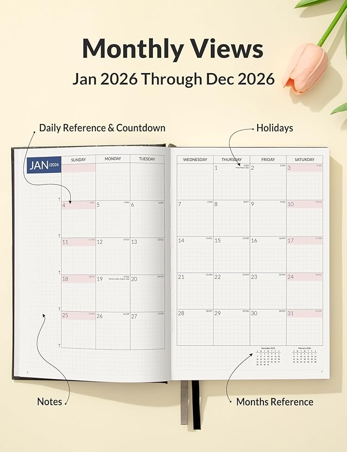 SUNEE 2026 Daily Planner A5 Hardcover – Hourly Schedule Organizer with Monthly Tabs & Task Tracker – Black Cover Time Management Notebook for Work, School, Personal Goals