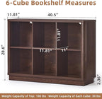 Joaxswe 6 Cube Storage Bookcase, 40" Wide Low Horizontal Book Shelf with Curved Edge, Wood Floor Standing 2-Tier Bookshelf with Base, Farmhouse Short Book Case for Bedroom, Living Room, Office, Walnut