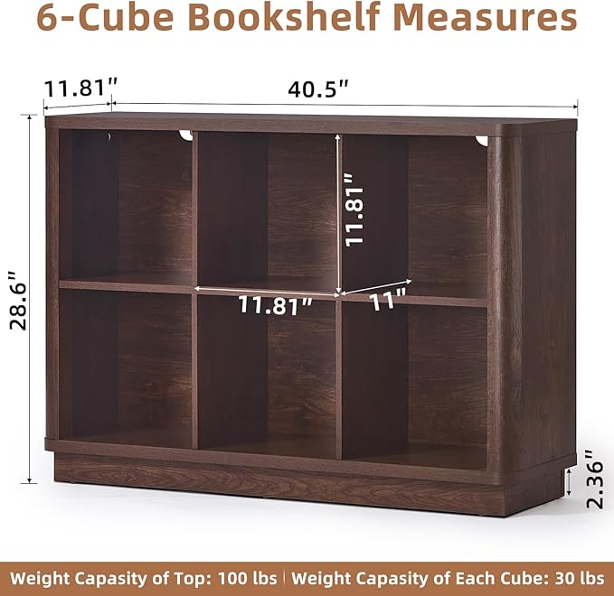 Joaxswe 6 Cube Storage Bookcase, 40" Wide Low Horizontal Book Shelf with Curved Edge, Wood Floor Standing 2-Tier Bookshelf with Base, Farmhouse Short Book Case for Bedroom, Living Room, Office, Walnut