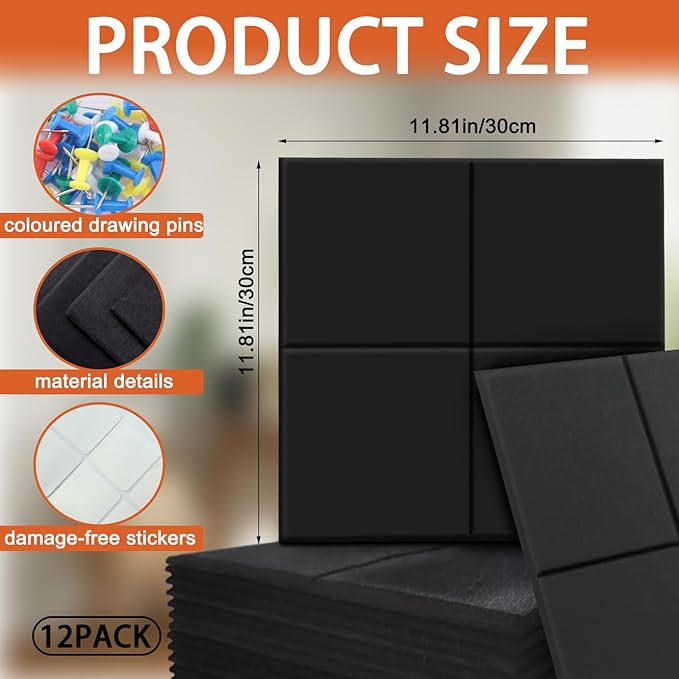 12-Pack Large Felt Bulletin Board 48" x 36" Cork Board Alternative, with 30 Pushpins, 70 Adhesive Tabs, Slat Wall Paneling, Cork Boards for Office Push Pin Board Felt Board-Black