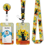 Black Cat Lanyards for ID Badges, Badge Holder with Lanyard Detachable, Badge Reel Retractable Keychain Clip, Vertical Cruise Ship Cards Holder Protector Name Tags, Teacher Nurse Office Women Gifts