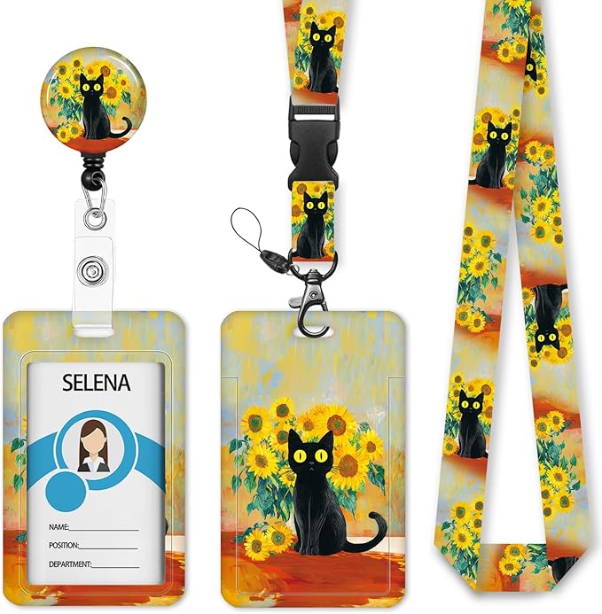 Black Cat Lanyards for ID Badges, Badge Holder with Lanyard Detachable, Badge Reel Retractable Keychain Clip, Vertical Cruise Ship Cards Holder Protector Name Tags, Teacher Nurse Office Women Gifts