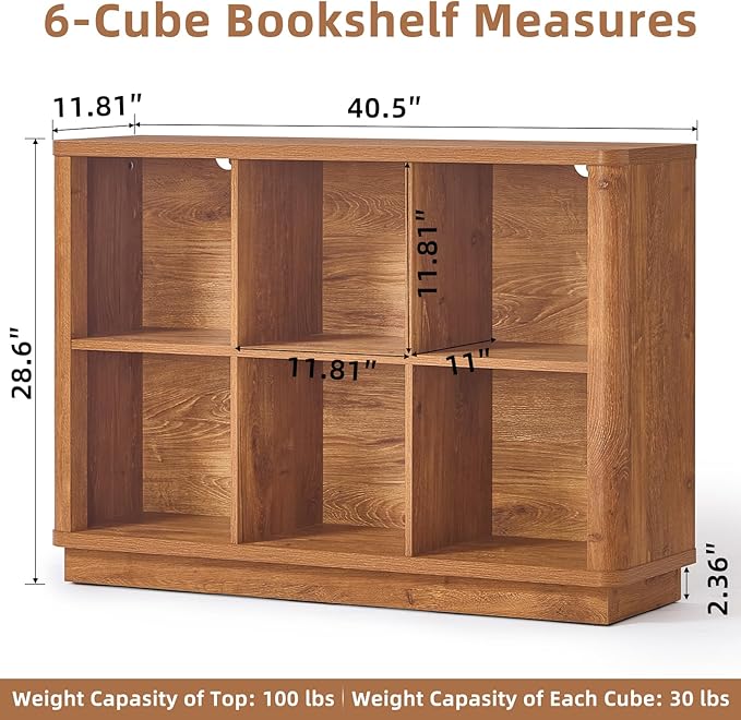 Joaxswe 6 Cube Storage Book Shelf, 40" Wide Low Horizontal Bookcase with Curved Edge, Floor Standing 2-Tier Wooden Bookshelf with Base, Modern Short Book Case for Bedroom, Study, Entryway, Brown
