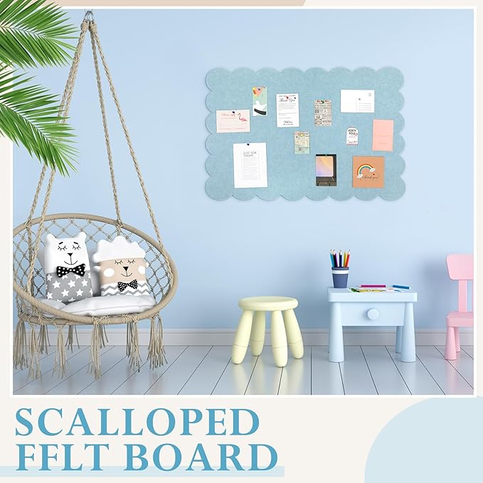 Mooliwe Scalloped Felt Bulletin Board 24 x 18 Inches Foldable Light Blue Pin Cork Board Alternative for Wall, 2' x 1.5' Trifold Picture Vision Self Adhesive Bulletin Decorative