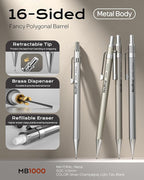 Nicpro 4 Pack Mechanical Pencil 0.5 mm with Case, MB1000 Metal Mechanical Pencil Set with 6 Tube HB #2 Lead Refill 0.5mm, 3PCS 4B Eraser, 9 Cap Eraser for Artist Drafting Writing, Sketching, Drawing