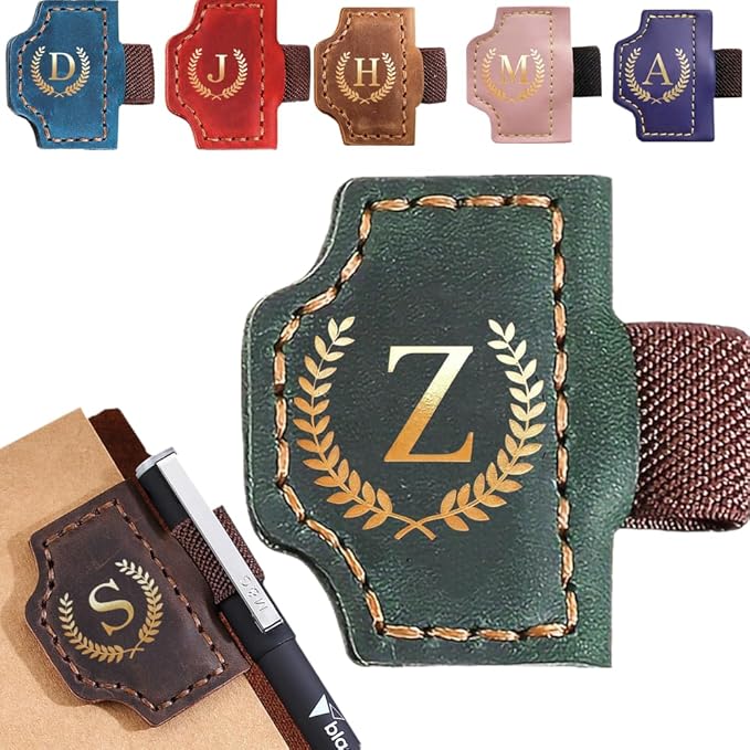 Personalized Mark Bookmark with Pen Holder, Leather Magnetic Book Marker 26 Letters,Custom Initials Page Marks, Gifts for Book Lovers Readers Men Women (Green, Z)