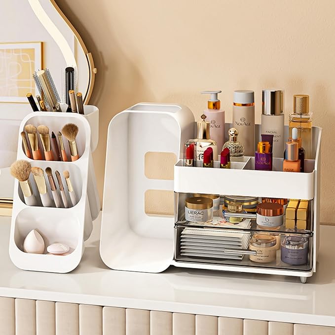 KQJS Makeup Organizer with Drawers,Large Capacity Countertop Organizer for Vanity,Bathroom and Bedroom Desk Cosmetics Organizer,Easy To Storage Skincare,Brushes, Eyeshadow, Lotions, Lipstick (White)