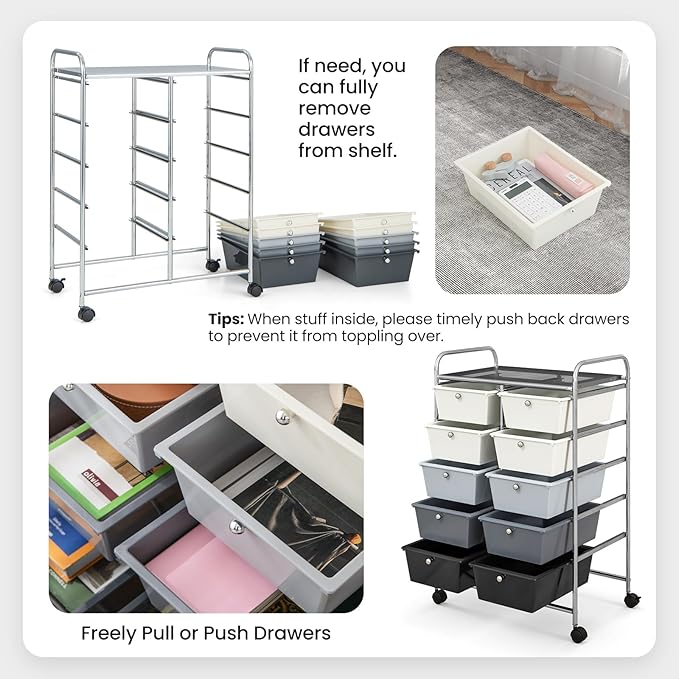GLACER 10 Drawer Rolling Cart, Storage Cart with Lockable Whieels & Metal Frame, Trolley for Art Craft Oganizer, Mobile Utility Cart for Office, School, Classroom, Kitchen (Gray Gradient)