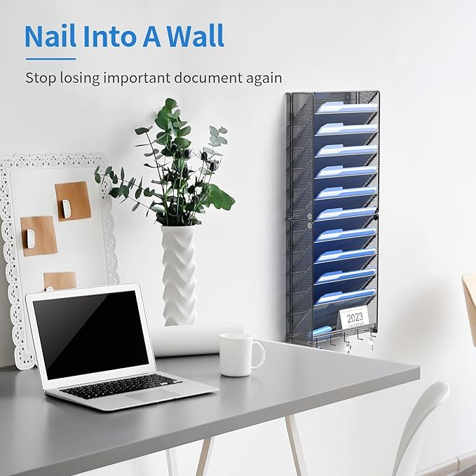OUTWOLF Hanging Wall File Organizer with Hooks, 12 Tier Vertical Wall Mount File Holder, File Folder Wall Organizer for Office