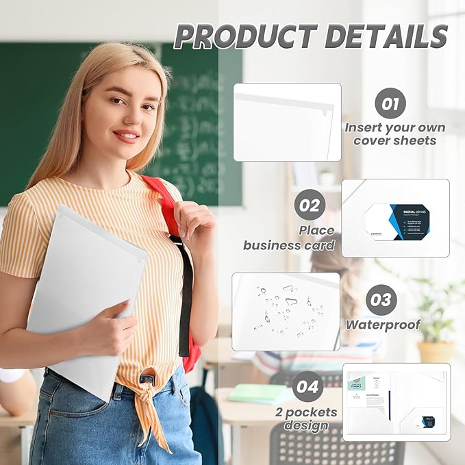 Henoyso 18 Pcs Plastic Folders with Clear Front Pockets Heavy Duty File Folders with 2 Pockets and Card Slot for Student Communication School Office Presentation Report (White)