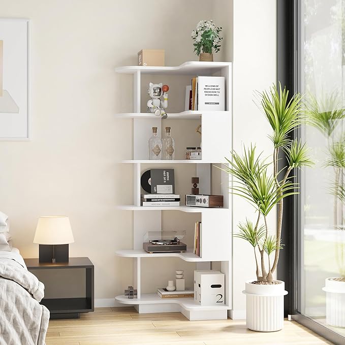 Farini 5-Tier Corner Bookshelf,L-Shaped Bookcase Freestanding Storage Shelf & Display Stand for Living Room, Office, Bedroom,White