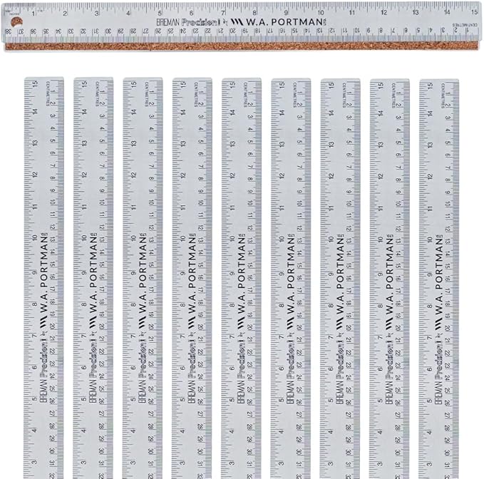 Breman Precision Metal Ruler 15 Inch Cork Back – 10 Pk Stainless Steel Straight Edge, Flexible Non-Slip Metal Ruler with Cork Backing – Imperial & Metric for Crafting, School, Workshop & Home Use