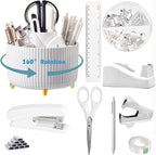 Gawsey Desk Organizers and Accessories Set with 360-Degree Rotating Pen Holder, Tape Dispenser, Stapler, Staple Remover, 1000 Staples, Tape, Clips Set, Ruler, Scissor, Pen