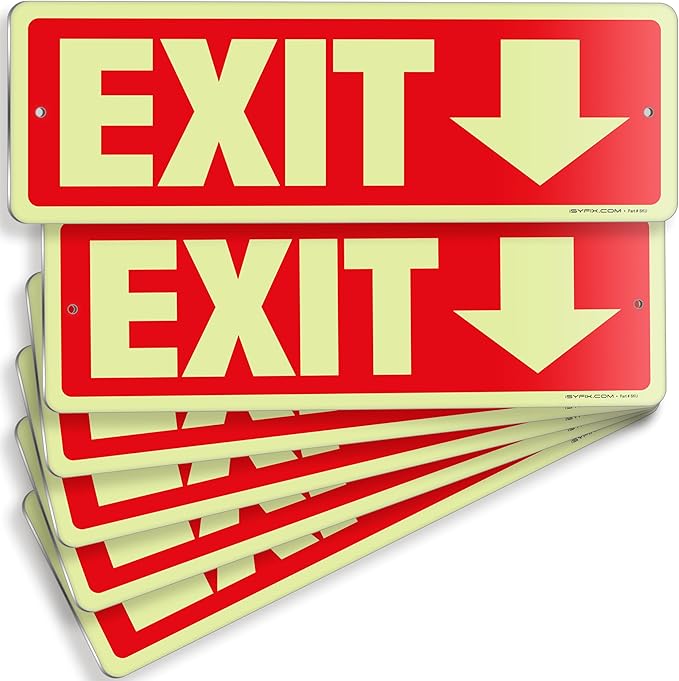 iSYFIX Exit Signs with Directional Down Arrow, Glow in the Dark, Photoluminescent Aluminum 12x4 Inch - 6 Pack, Laminated for UV & Weather Resistance, Ideal for Offices, Schools, Theaters & More