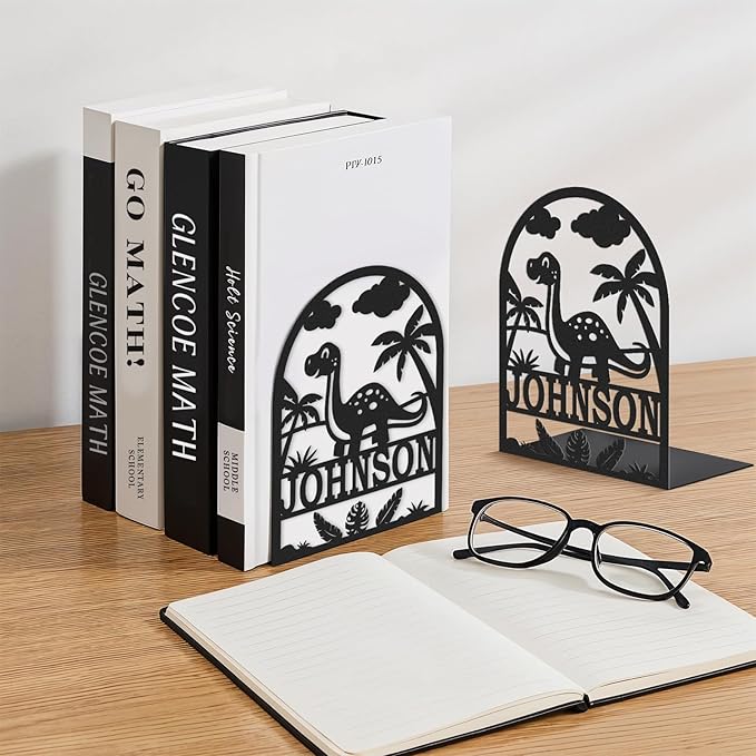 Personalized Name Book Ends Metal, Heavy Duty Bookends for Shelves Decorative, Dinosaur Non-Slip Book Stopper, Home Office Desk Modern Bookshelf Decor, Customized Gifts Color06