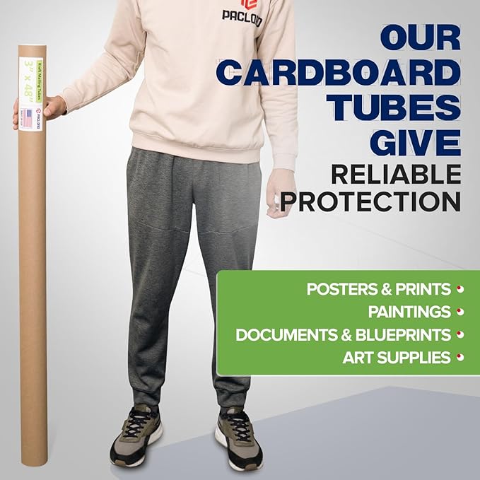 Paclord 3" x 48" Reinforced Kraft Paper Mailing Tube, Pack of 1 Tube with 2 Caps – Secure USPS Approved Poster Tube – Cardboard Tube for Shipping and Storing of Posters, Prints, Artwork, or Documents