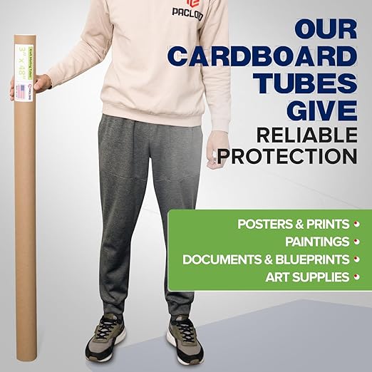 Paclord 3" x 48" Reinforced Kraft Paper Mailing Tube, Pack of 4 Tubes with 8 Caps – Secure USPS Approved Poster Tube – Cardboard Tube for Shipping and Storing Posters, Prints, Artwork, or Documents