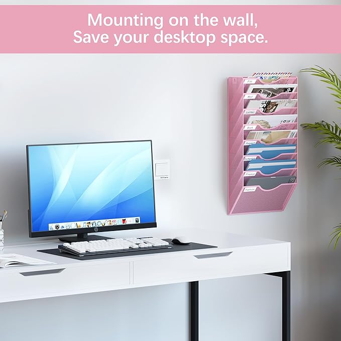 EasyPAG 8 Pocket Mesh Wall File Organizer, Hanging Paper Folder Holder with Classify Label, Vertical Wall Mount Mail Organizer for Office Home Classroom, Pink