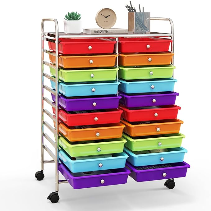 Happygrill 20-Drawer Organizer Cart Tools, Mobile Utility Storage Cart with Removable Drawers & Lockable Wheels, Rolling Storage Cart with wheels for Home Office School(Multicolor)