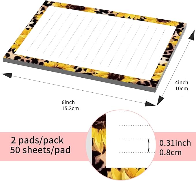 SXboxing Sticky Notes 4X6 Inches, 2 Pack Large Cute Self-Stick Pads, Bright Funny Memo Pads Easy to Stick for Home, Office Sunflower Leopard