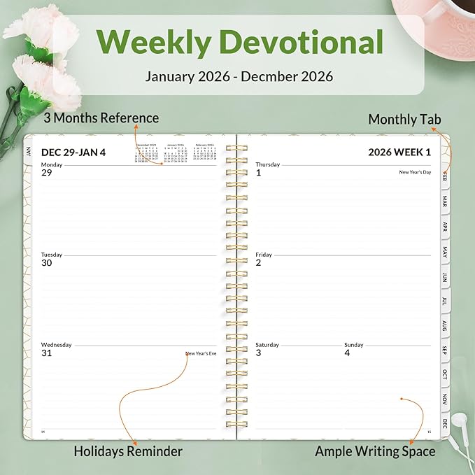 SUNEE 2026 Planner, Weekly and Monthly Calendar Planner, January 2026-December 2026, Daily Agenda with Tabs, Note Pages, Spiral Binding, 6.4"x8.3", Flora