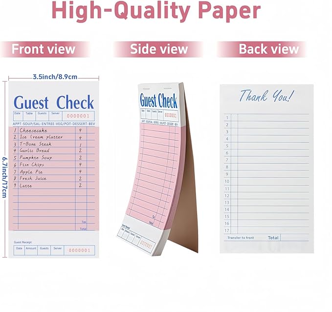 4 Pack Pink Guest Checks Books for Servers, Server Note Pads, Waiter Checkbook, Waitress Notepad for Restaurants Supplies, Order Pad Paper Checks 50 Sheets/Pack, 200 Total Tickets