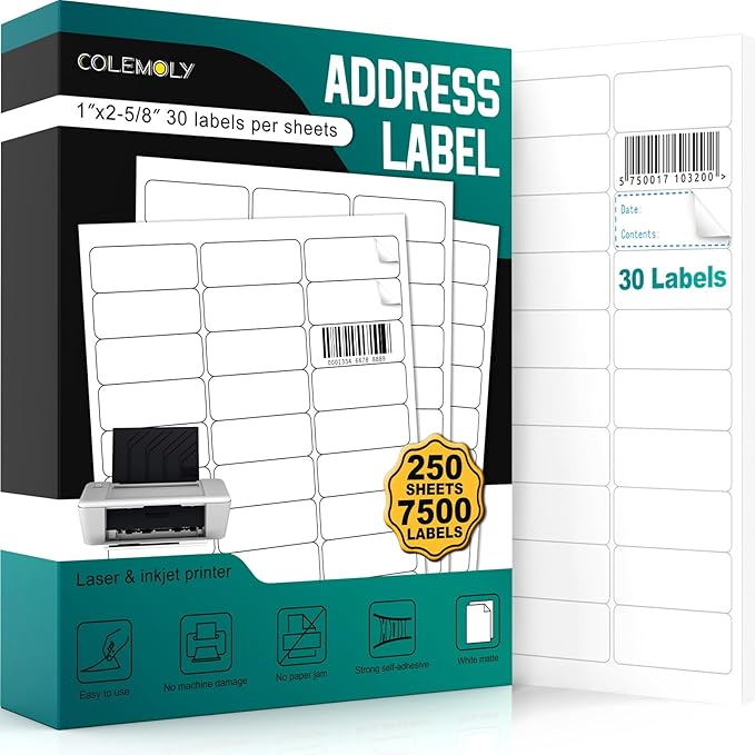 Address Labels 1’’x2-5/8’’ Stikcer Paper 30-UP 250 Sheets for Laser/Inkjet Printer Matte 7500 White Blank Printable Labels on 8.5x11 Inch for Mailing, Shipping, and Organizing