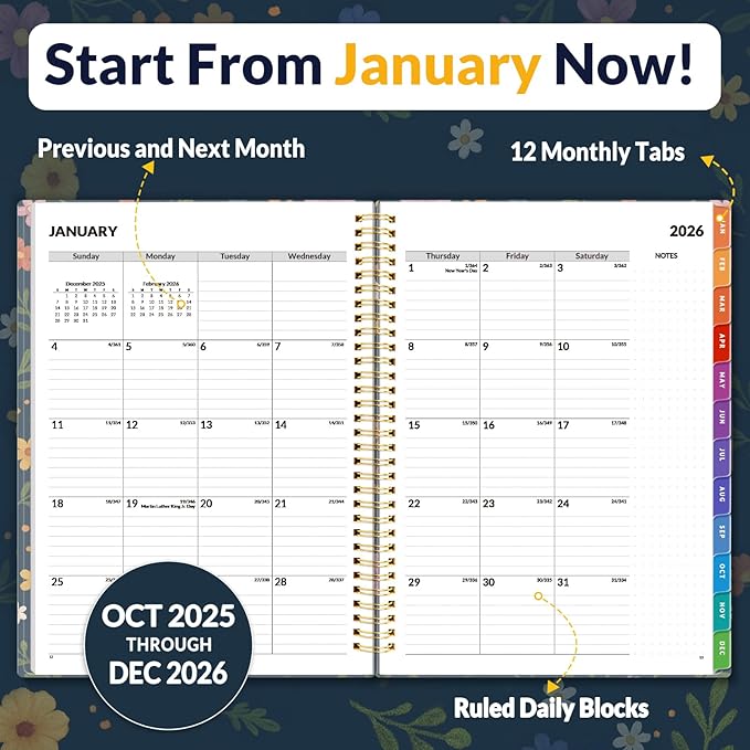 SUNEE 2026 Weekly and Monthly Planner - from January 2026 - December 2026, Daily Agenda Planner with Monthly Tab, Flexible Cover, Note Pages, Pockets, Bookmark, Spiral Binding, Navy Flower, 8.5"x11"