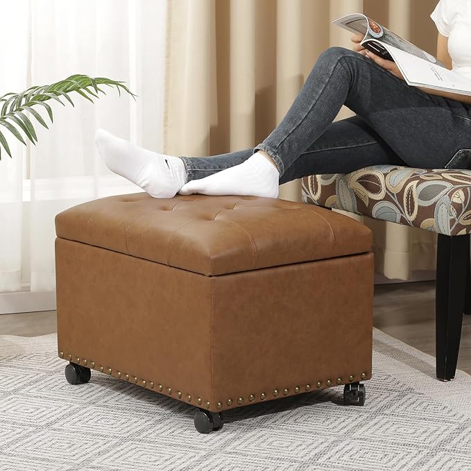 Decent Home 24" Leather Storage Ottoman with Steerable Rolling Wheels, Rectangle Foot Rest Ottoman with Storage for Living Room Bedroom, Vintage Golden Brown
