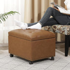Decent Home 24" Leather Storage Ottoman with Steerable Rolling Wheels, Rectangle Foot Rest Ottoman with Storage for Living Room Bedroom, Vintage Golden Brown