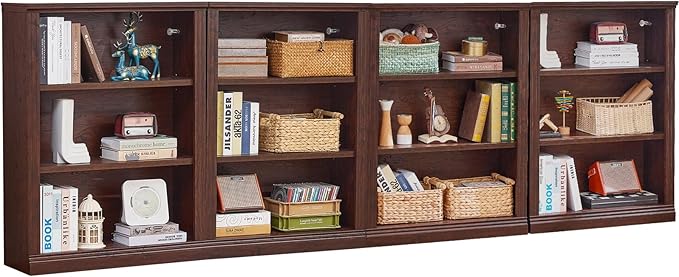 RWYHG 43" Walnut Tall Bookshelf Set of 4,3-Tier Thick Wooden Book Shelf with Adjustable Shelves,Free Standing Farmhouse Bookcase with Open Display Storage,Floor Vintage Bookshelves for Living Room