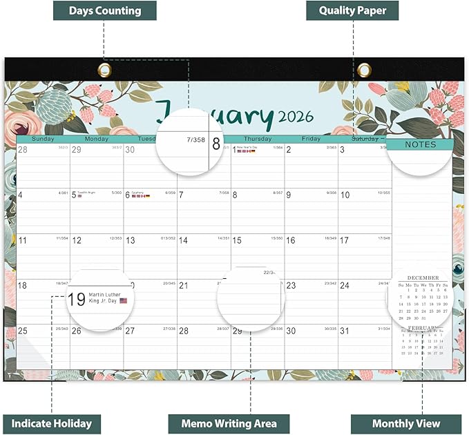 Desk Calendar 2026, Monthly Desktop Large Calendar (Jan 2026 - Jun 2027) 17" x 12" Desk Wall Planner for Family Teacher School Office Supplies, Flower