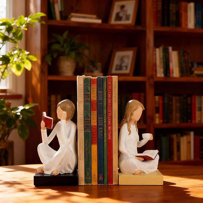 Reading Girl Bookends for Women, Resin Reading Woman Sculpture Bookends Set of 2, Aesthetic Bookshelf Decor for Home Office Library, Cute Feminine Book Ends for Book Lovers Gifts (Beige)