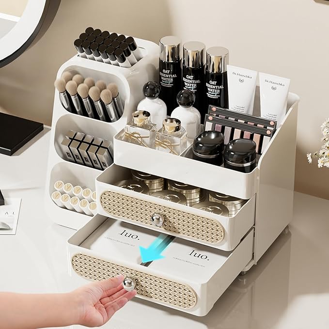 KQJS Makeup Organizer with Drawers,Large Capacity Countertop Organizer for Vanity,Bathroom and Bedroom Desk Cosmetics Organizer,Easy To Storage Skincare,Brushes,Lotions,Lipstick (All white)