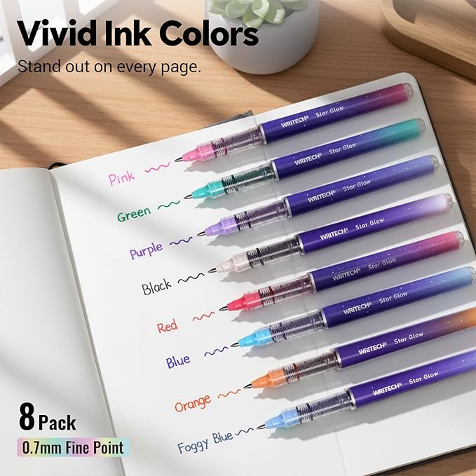 WRITECH Liquid Ink Rollerball Pens: 8ct Assorted Colors Fine Point Tip 0.7mm Roller Ball Rolling Pen for Smooth Writing Coloring Drawing Journaling No Bleed & Smear &Smudge Multi Colored