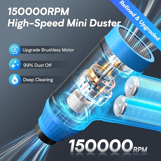 Electric Compressed Air Duster - Electric Air Duster for PC, Rechargeable Mini Blower 150,000 RPM Cordless Vacuum for Cleaning Keyboards, Computers and Cars (Blue)
