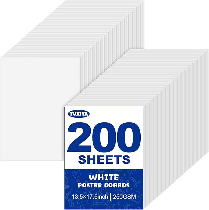 TUXIYA 200 Pack White Poster Board,13.5" x 17.5" White Poster Paper Bulk,250GSM/92LB Heavy-Weight Blank Poster Board for Arts,Craft,Projects Presentations,Drawing Scrapbooking