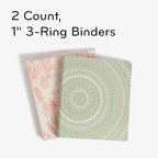 U Brands Eco-Conscious 1" Binders, Set of 2, Pink and Sage Green Boho Chic Prints, Silver Metal O-Rings