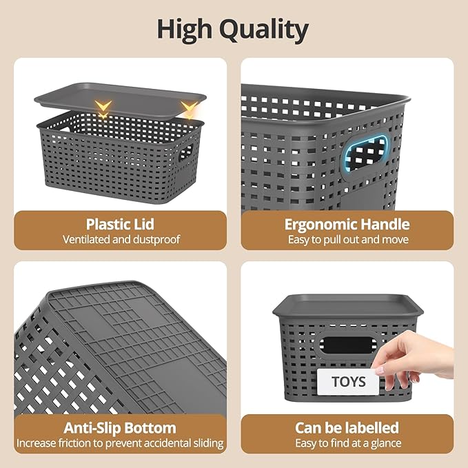 ZFTMRR Plastic Storage Basket with Lids, Stackable Small Box Bins for Organizing and Containers for Shelves Drawers Desktop Closet Playroom Pantry Classroom Office Home, 8 Pack 10.2x7.2x4.1 Inch, Gray