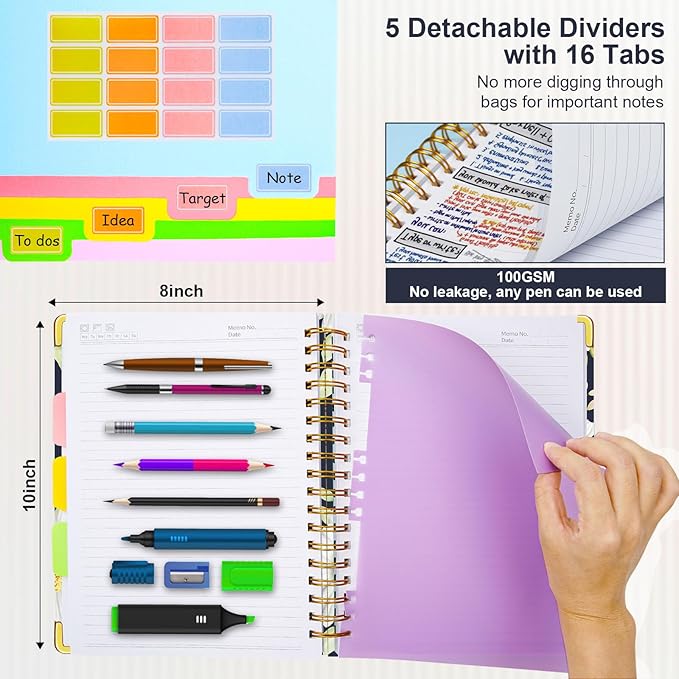 Spiral Journal Notebooks for Work, 300 Pages 5 Subject Notebook College Ruled with Dividers & Tabs, 8''x 10'' Large Notebook Journal for Women Students Note-Taking and Organizer (White Daisy)