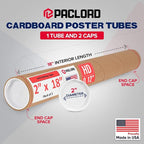 Paclord 2" x 18" Heavy-Duty Reinforced Cardboard Mailing Tube, Pack of 1 Tube with 2 Caps – Secure USPS Approved – Great for Shipping and Storing of Prints, Artwork, Posters or Documents