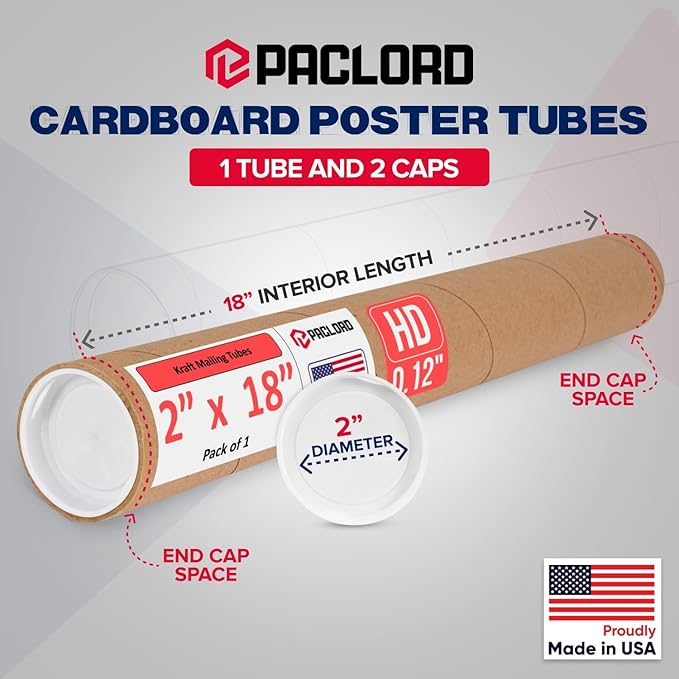 Paclord 2" x 18" Heavy-Duty Reinforced Cardboard Mailing Tube, Pack of 1 Tube with 2 Caps – Secure USPS Approved – Great for Shipping and Storing of Prints, Artwork, Posters or Documents