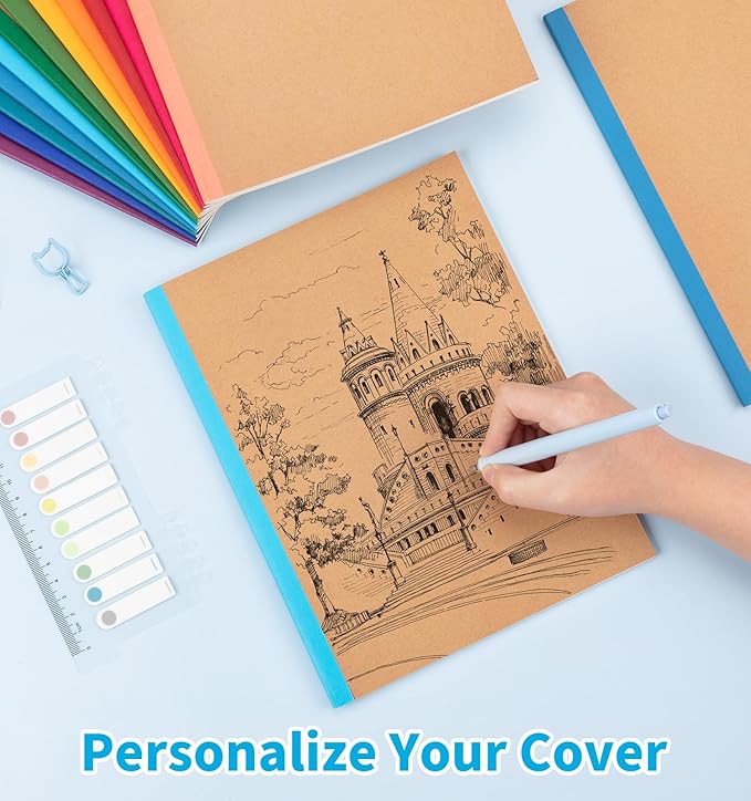 12 Pack Composition Notebook Journals Bulk, 7-1/2" x 9-3/4", Wide Ruled Paper, 30 Sheets/60 Pages, Kraft Cover with Rainbow Spines, 12 Colors School Lined Notebook Journal for Work Study Note Taking