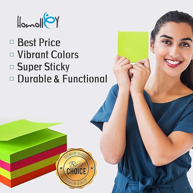 (24 Pads) Sticky Notes 3x3 in 100 Sheets/Pad, Self-Sticky Note Pads, 6 Bright Colors Super Sticky Pads - Easy to Post for School, Office Supplies, Desk Accessories