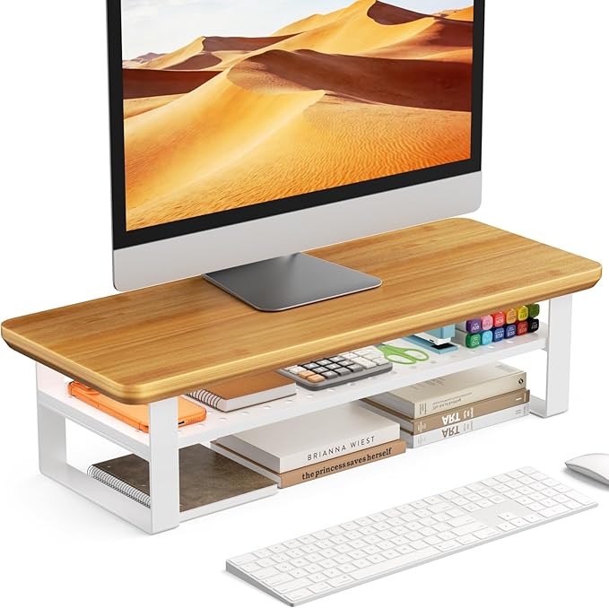 NestNeat Monitor Stand Riser, 24 Inch Computer Monitor Stand for Desk, 2-Tier Wood Desk Shelf Organizer with Storage, Desktop Stand for Laptop/Screen/PC/Printer, Ergonomic Home Office Monitor Stand