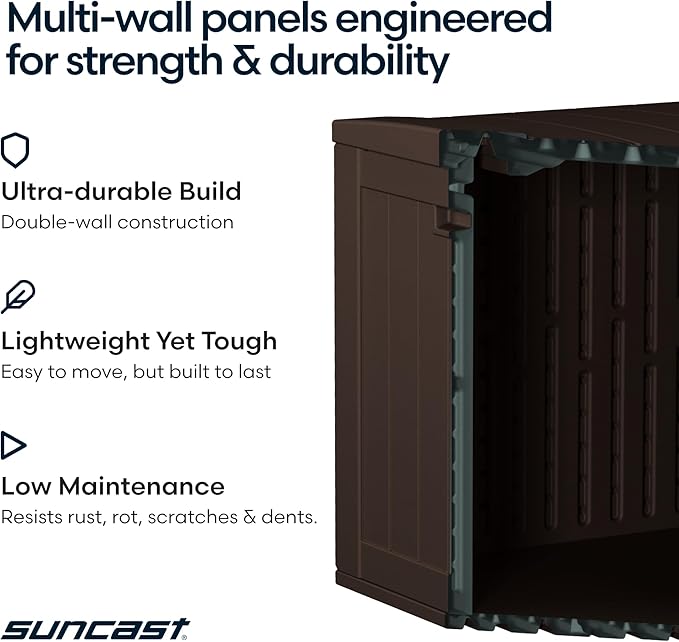 Suncast 80-Gal. Waterproof Resin Large Outdoor Patio Deck Box with Pad-Lockable Lid, Modern Outdoor Patio Bench/Storage Box for Cushions, Garden Tools, and More, Java