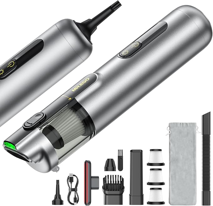 Mr.ego Car Vacuum Cleaner – 100000 RPM Cordless Handheld Vacuum with 20000Pa Suction, 4-in-1 Portable Vacuum Cordless Blower/Inflator, LED Light,Mini Vacuum Cleaner for Car, Office Desk & Home,Silver